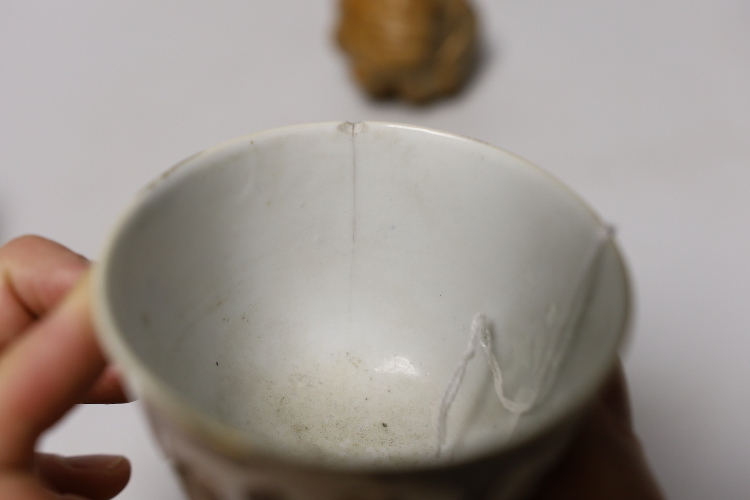 A 19th century Chinese enamelled porcelain cup, two carvings and two scent bottles
